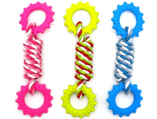 Dual Ring Rubber & Rope Dog Toy - Durable Dental Chew for Teething & Tug-of-War