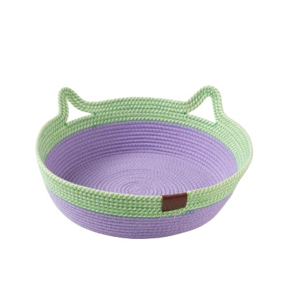 Playful Cat Silhouette Woven Cotton Rope Pet Bed with Ears - Decorative Storage Basket & Two-Tone Ki