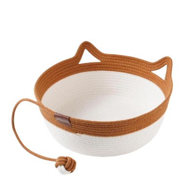 Minimalist Cat Shape Woven Cotton Rope Pet Bed with Ears - Decorative Storage Basket with Interactiv
