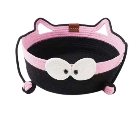 Cat Shape Woven Cotton Rope Pet Beds with Ears - Black Base Storage Basket Set with Interacti