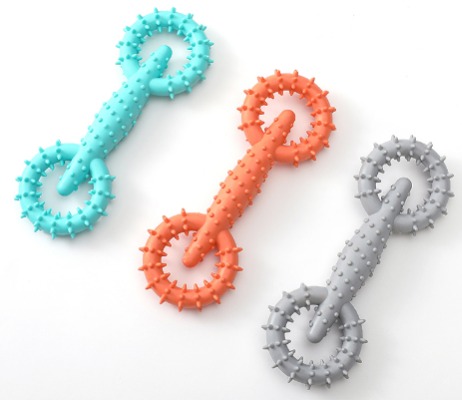 Spiky Link TPR Dog Chew Toy - Durable Linked Dumbbell Ring Stick & Interactive Tug Toy with 3 Color