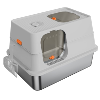 High Sided Stainless Steel Cat Litter Box with Splash Guard Metal Litterbox Tray with Litter Scoop
