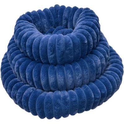 Donut Pumpkin Pet Bed, Royal Blue Round Striped Dog Bed with Calming Bolster Support for Cats