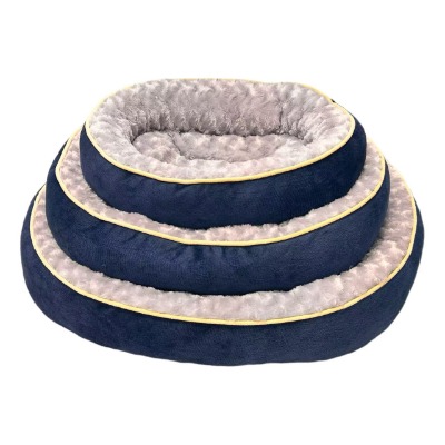 Rose-Swirl Velvet Pet Bed, Navy Blue Round Washable Calming Dog Bed with Yellow Piping for Cats