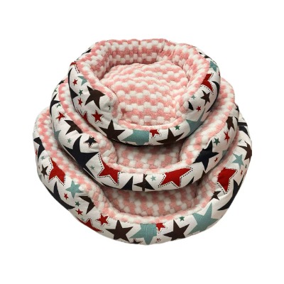 Star Printed Pet Bed, Pink Plaid Corn Fleece Round Dog Nest with Calming Cushion for Small Cats