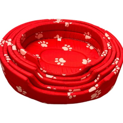 Paw Pattern Pet Bed, Vibrant Red Oxford Round Dog Nest with Bolster Support Cushion for Cats