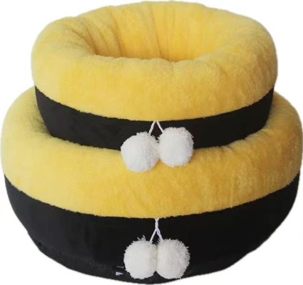 Pom-Pom Decor Pet Bed, Yellow & Black Soft Velvet Round Dog Nest with Cozy Cushion for Small Cats