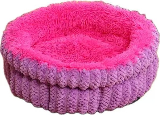 Ribbed Fleece Pet Bed, Purple Square Dog Nest with Shaggy Hot Pink Plush Cushion for Small Cats