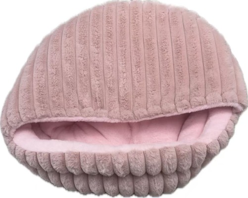 Cave Shaped Pet Bed, Dusty Pink Ribbed Fleece Hooded Dog Nest with Soft Pink Cushion for Cats