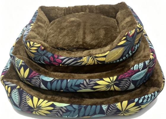 Leaf Printed Pet Bed, Tropical Pattern Dog Nest with Cozy Brown Fleece Cushion for Small Cats