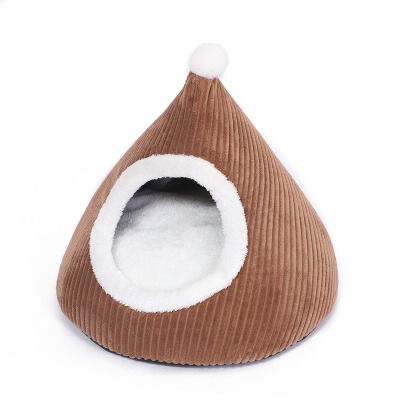 Tent Shaped Pet Bed, Brown Ribbed Fleece Yurt Cave Dog Nest with Soft White Cushion for Cats
