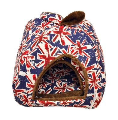 UK Flag Printed Pet Bed, British Union Jack Cave Dog Nest with Warm Brown Fleece Cushion for Cats