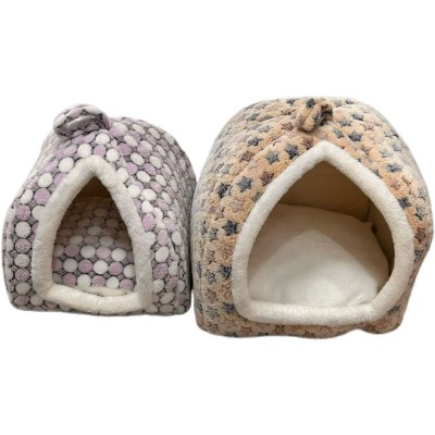 Fluffy Velvet Pet Bed, Printed Pattern Fleece Yurt Cave Dog Nest with Soft White Mat for Small Cats
