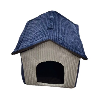 Corduroy Pet House Bed, Cozy Navy Blue Striped Dog Villa Cave with Handle for Small Cats Puppies