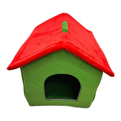 Vibrant Red & Green Pet House Bed, Soft Velvet Dog Villa Cave with Top Handle for Small Cats