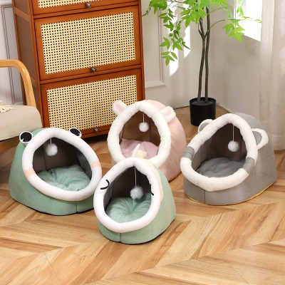 Cute Cartoon Animals Pet Cave Bed, Enclosed Cat Tent House with Hanging Toy Ball for Dogs Cats