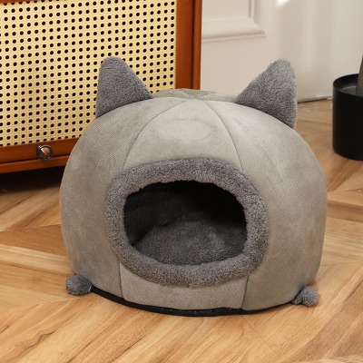 Cute Cat Ears Pet Cave Bed, Grey Soft Plush Enclosed Dog House Tent with Removable Cushion