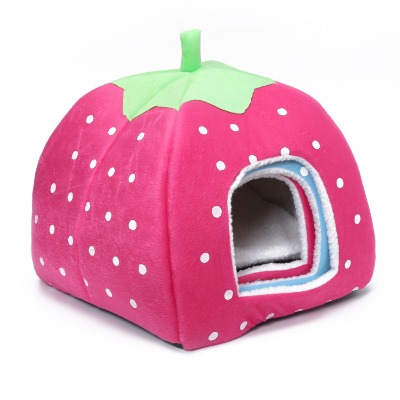 Cute Strawberry Cat Cave Bed, Soft Pink Fruit Pet House Tent with Thick Cushion for Dogs Cats