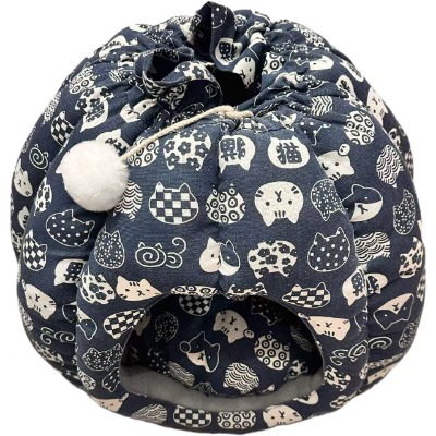 Japanese Style Drawstring Sack Pet Cave Bed, Cute Cat Print Enclosed Tent House for Dogs Cats