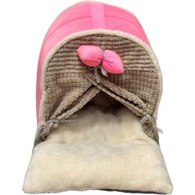 Cute Pink Princess Cat Cave Bed, Soft Fleece Pet Tent House with Curtains and Bowknot for Dogs