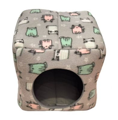 Cute Cartoon Print Cat Cube Bed, Soft Fleece Square Pet Cave House Tent with Cushion for Dogs