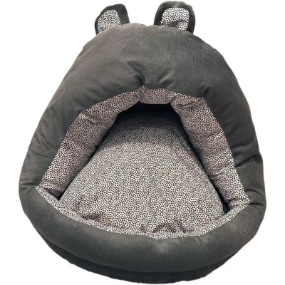Cute Animal Ears Pet Cave Bed, Grey Leopard Pattern Lining Cat Tent House with Cushion for Dogs