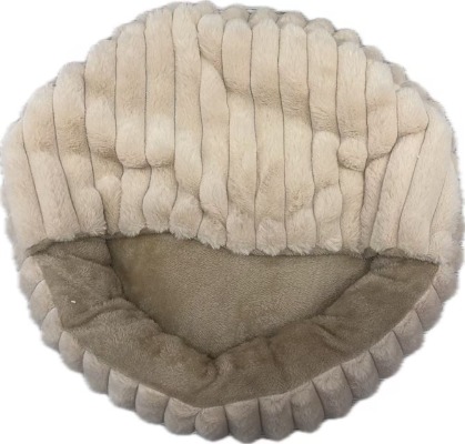 Calming Striped Faux Fur Cat Cave Bed, Soft Hooded Round Anti-Anxiety Pet Cushion Tent for Dogs